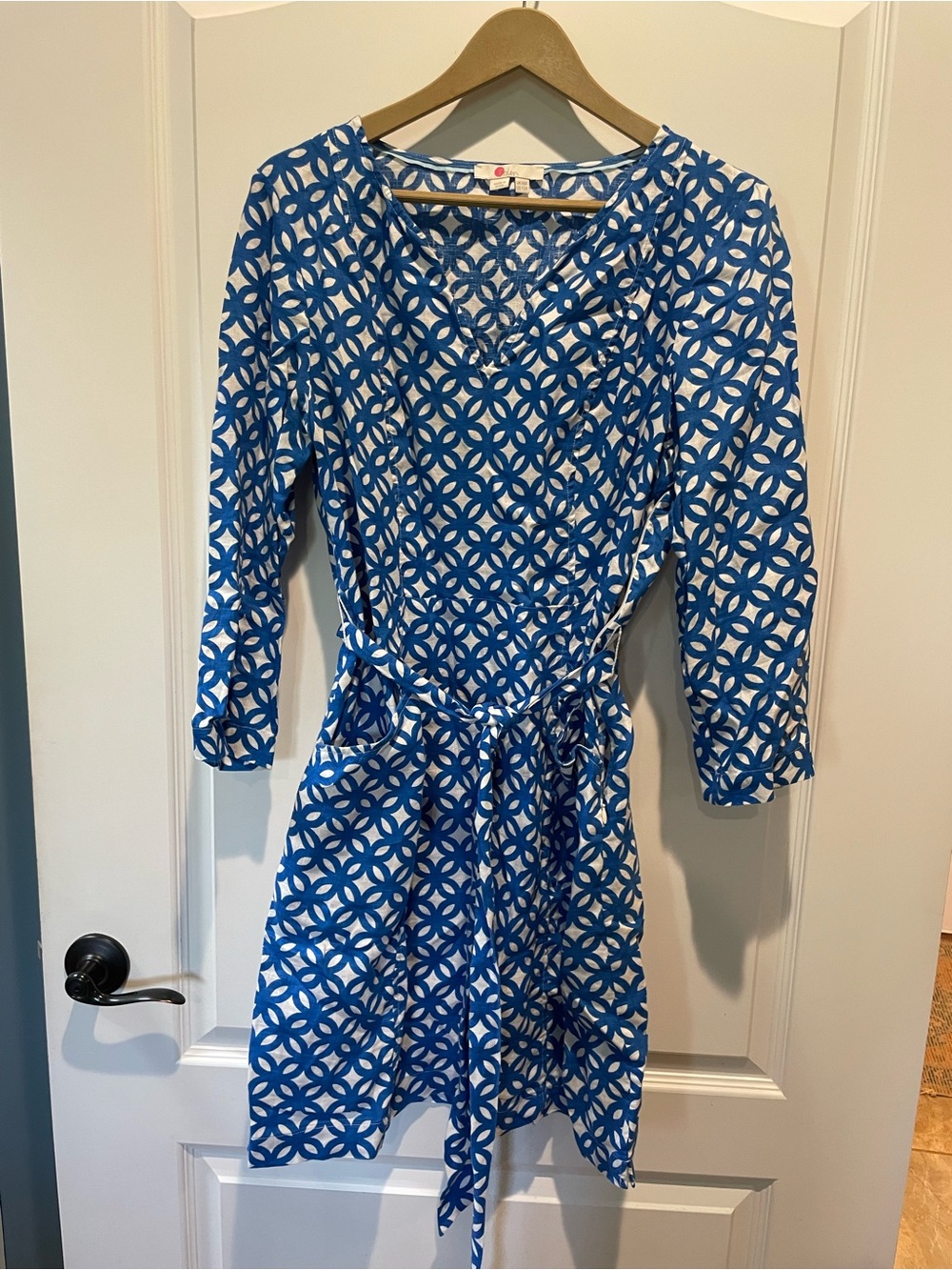 Boden Blue and White Geometric Tie-Waist Dress